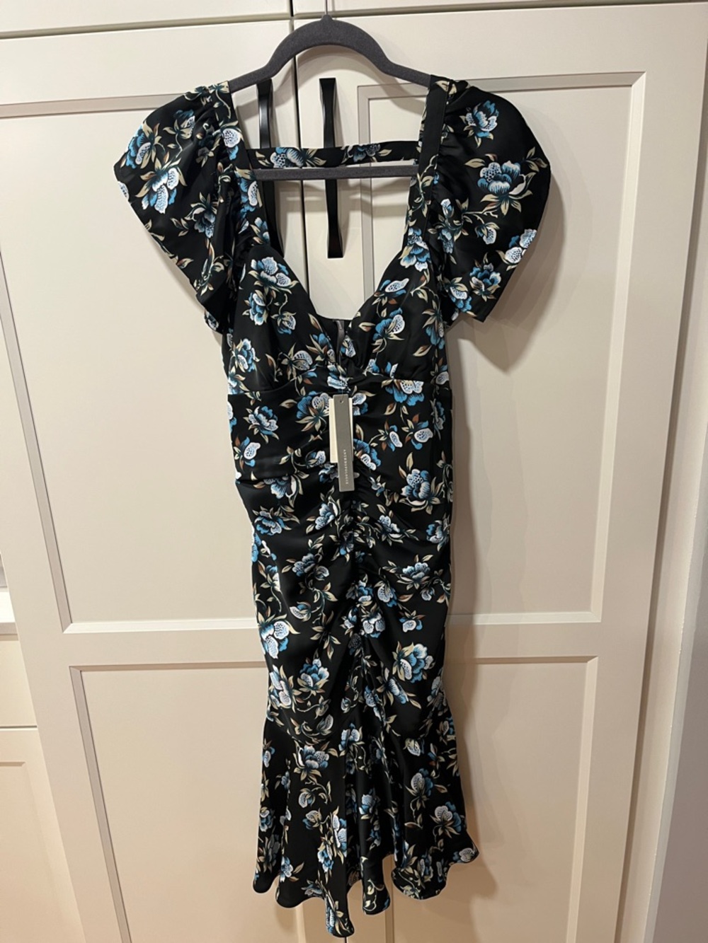 Brand New Anthropologie Black Floral Midi Dress with Puff Sleeves